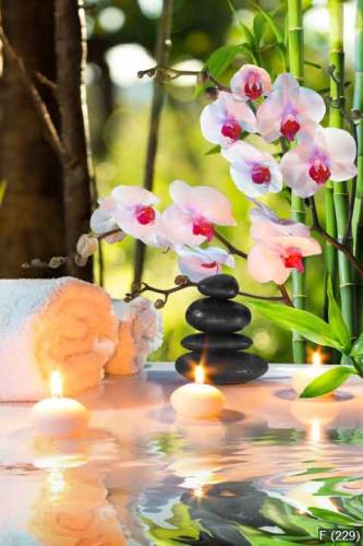 massage composition spa with candles, orchids, stones in garden