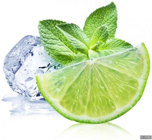 Lime, mint and ice cube on a white background.