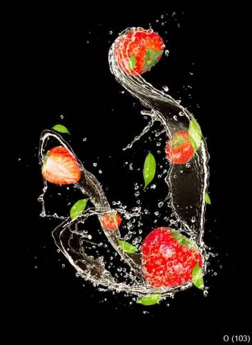 Strawberries in water splash, isolated on black background