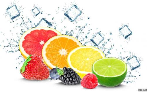 Citrus and berry splash and ice cubes isolated