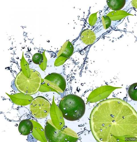 Limes falling in water splash, isolated on white background