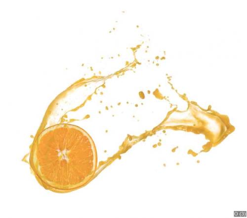 Orange slice in juice splash, isolated on white background