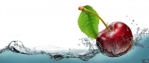 Juicy cherry berry in a spray of cool water.