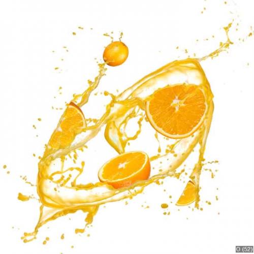 Oranges in juice splash, isolated on white background