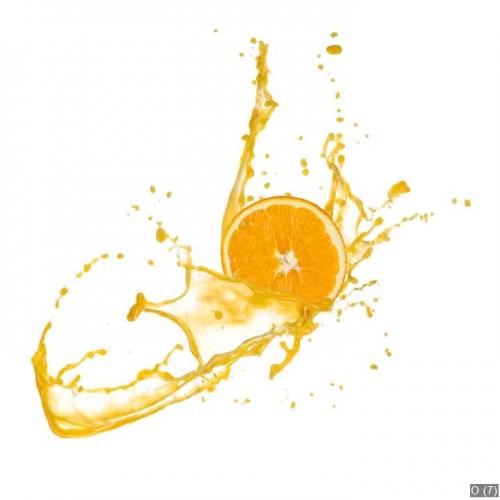 Orange slice in juice splash, isolated on white background