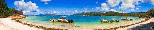 Panorama of beach on island Curieuse at Seychelles