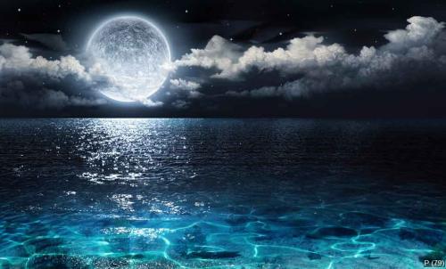 romantic and scenic panorama with full moon on sea to night